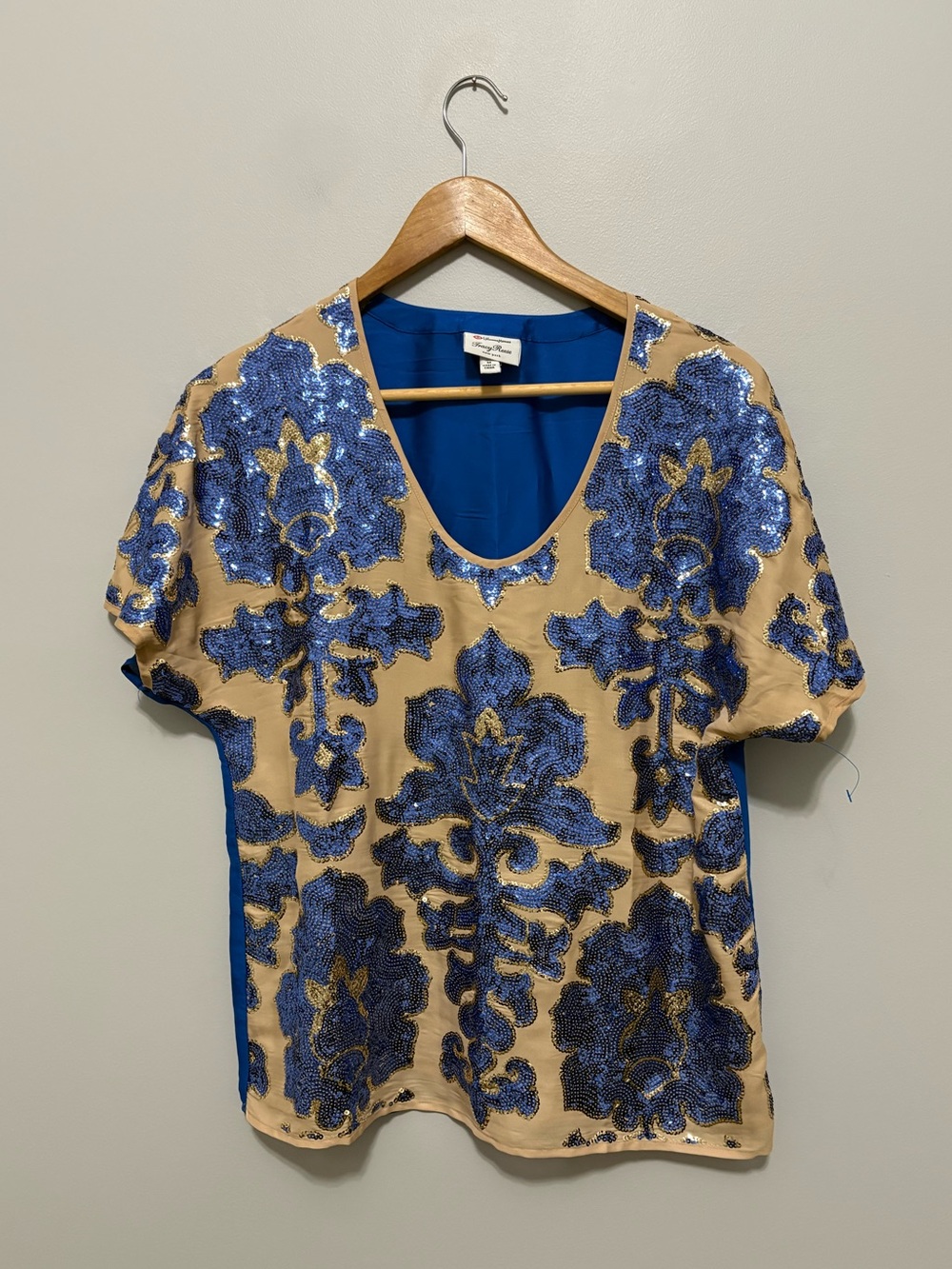Tracy Reese for Target x Neiman Marcus Beige Top Blue Sequin Floral Appliqué